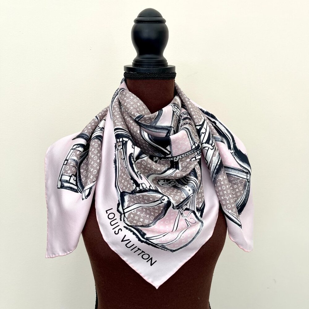 Louis Vuitton Trunks & Luggage Monogram Pink Brown Silk Scarf - Picture 11 of 15